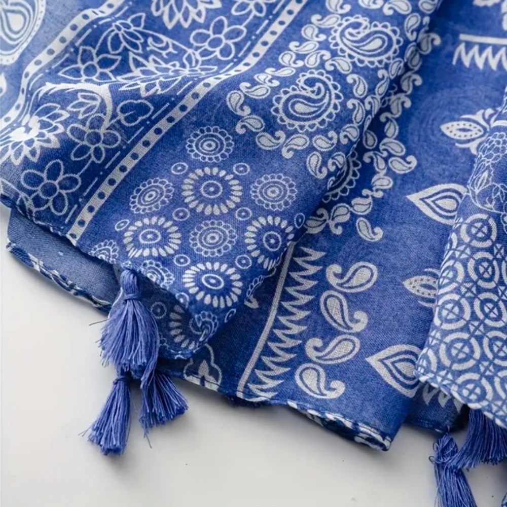 Blue White Porcelain Paisley Floral Bohemian Scarf Shawl - Picture 7 of 8